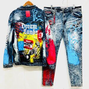 A Set Y2K STREETWEAR EMBROIDED Dreamland Denim Jeans Mens 3XL TOP,  Bot  JEAN 38